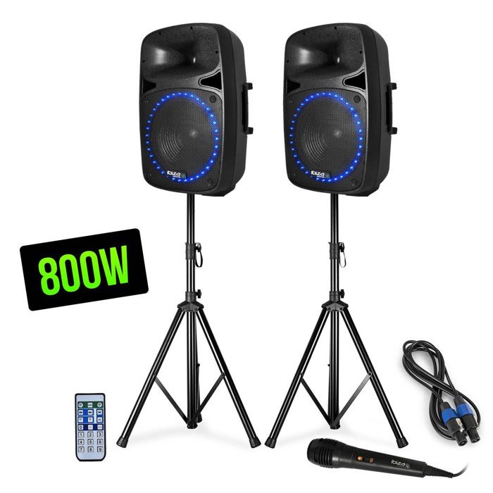 Pack sono FM-USB-SD-BLUETOOTH - 2 Enceintes actives-passives LEDs 12- + Pieds + Mic + Tél