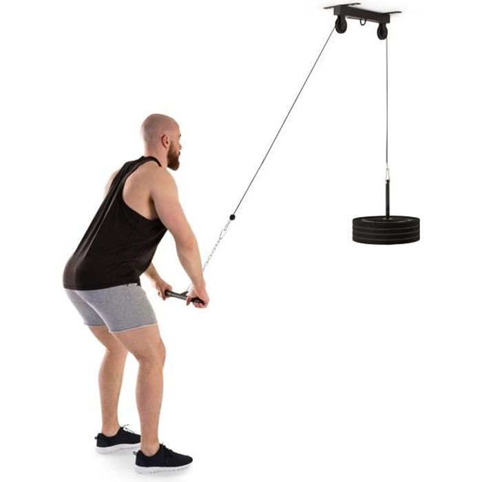 Klarfit Stronghold Station d'entraînement fitness - Exercices de traction - Poulie 2m - Barre de triceps - Fixation plafond - Noir