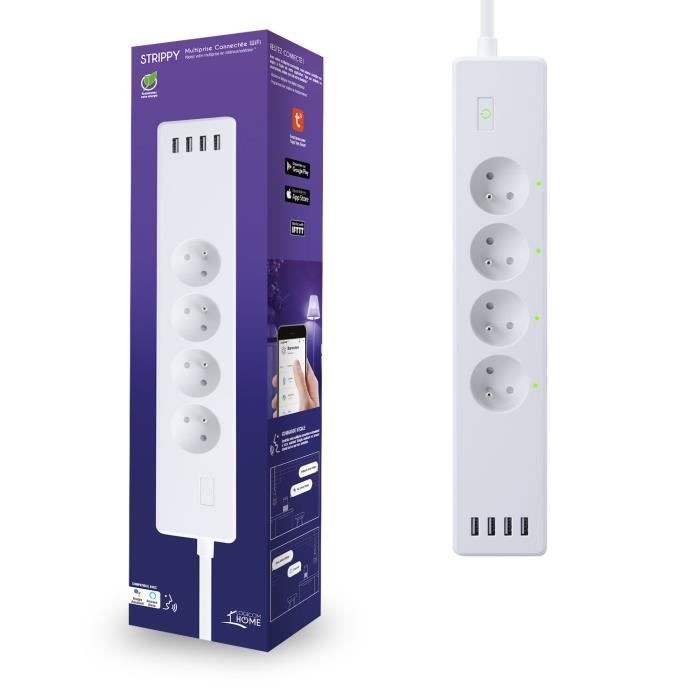 Logicom Home Strippy Multiprise connectée (Prise UE – 4 prises TERRE & 4 prises USB – alimentation 220/240V – Protection enfant