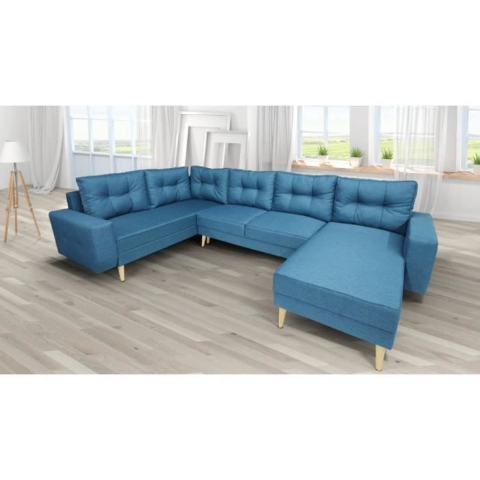 Canapé panoramique en U convertible HOLIA II bleu angle gauche style scandinave