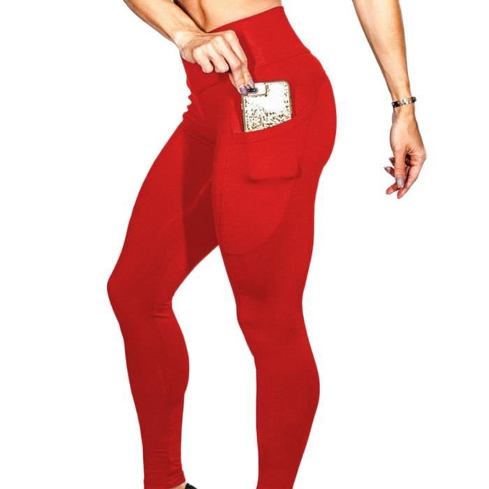 Legging Sport Femme Taille Haute Avec Poches Pantalon Yoga Fitness Minceur Running Skinny Rouge S