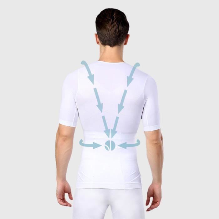 T-shirt Blanc Homme Manches Courtes - Correcteur de Posture - Compression 360° - Anti-Mal de Dos - Maillot de Corps Sport Fitness