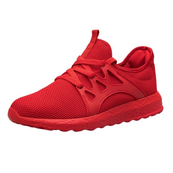 Hommes de mode décontracté maille à lacets solide chaussures de course de sport baskets légères rouge