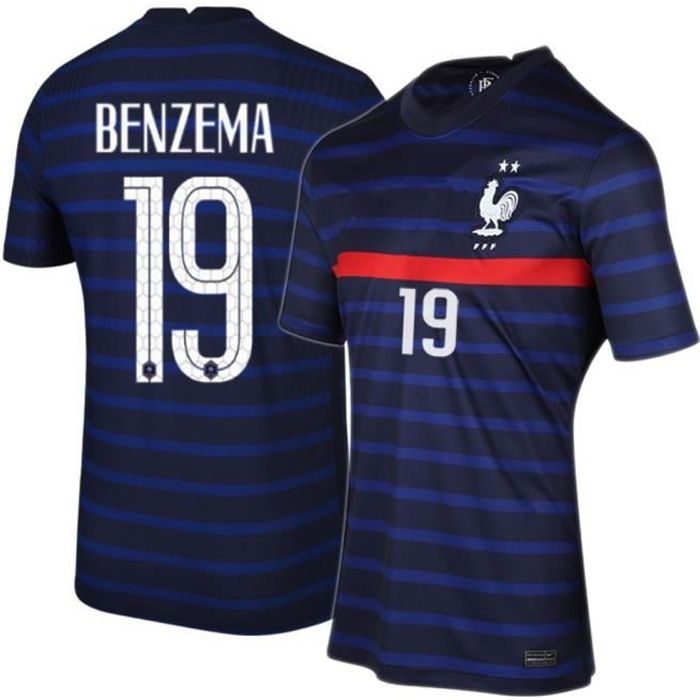 Maillot de Football France 2021 BENZEMA 19 T-Shirt de L'équipe FFF Domicile Maillot de Formation Tissu Respirant Bleu Junior Enfant