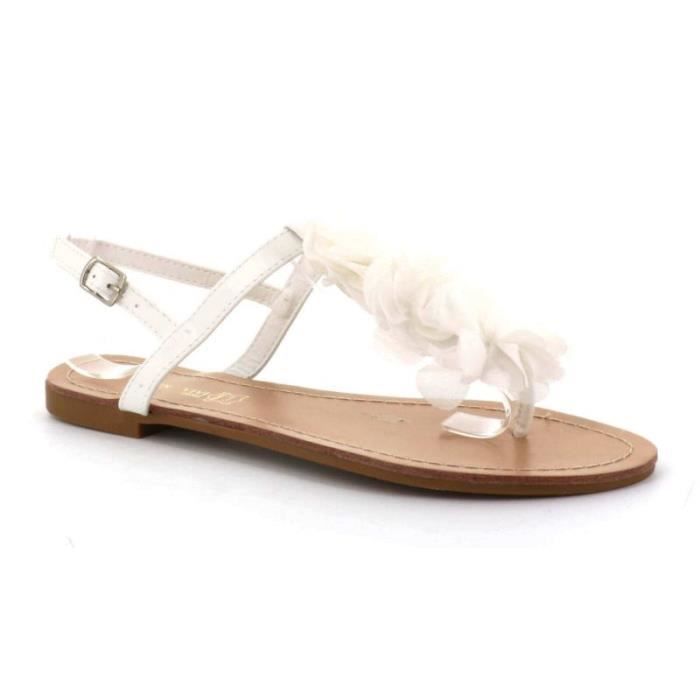 Queen Vivi - Sandale Femme A Fleurs - Chaussures Eté Plates Simili-cuir Confortables - Légère Chic Classique - Blanc