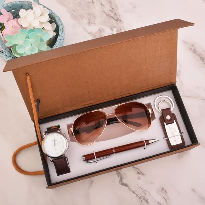 Coffret montre homme + lunettes de soleil homme + stylo + porte-clés – marron classique tempérament cadeau d'homme