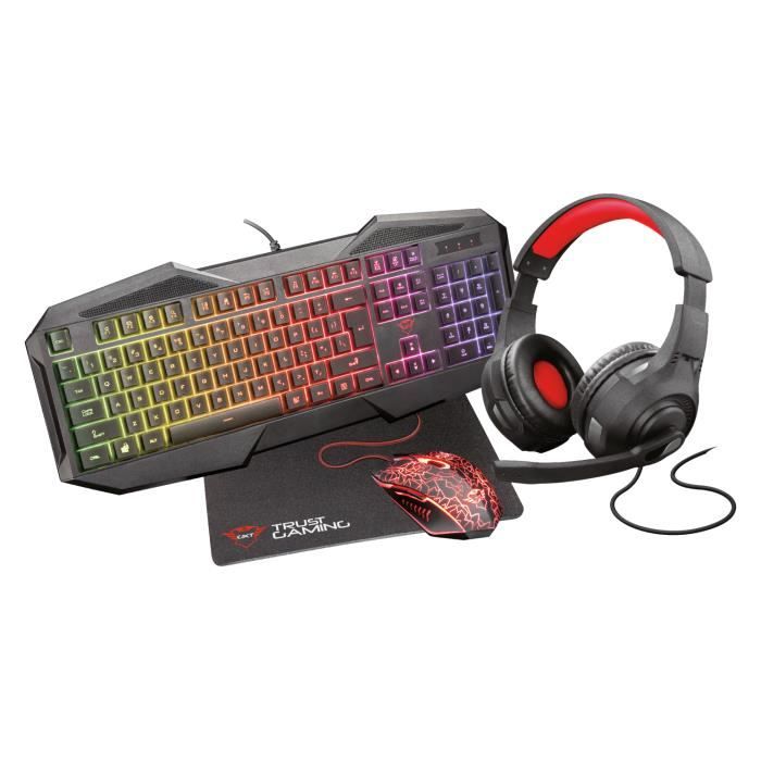 Trust Gaming GXT 1180RW Set Gamer 4-en-1 Clavier AZERTY Français, Souris, Tapis et Casque avec Micro