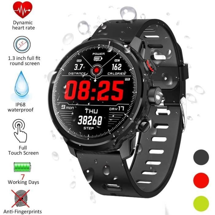 Montre Connectée Femmes Homme Montre Sport Avec IP68 étanche 1.3'' Écran Moniteur Cardiaque Podomètre Caméra pour Android iOS-Noir