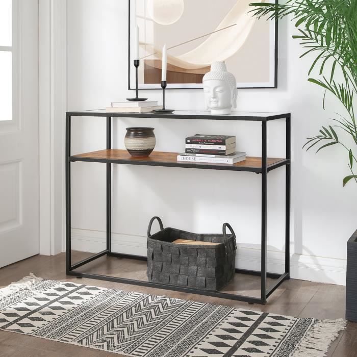 VASAGLE Table console - Table d'entrée - 100x80x40 cm - verre trempé - cadre en acier - style industriel Marron et Noir LNT10BX