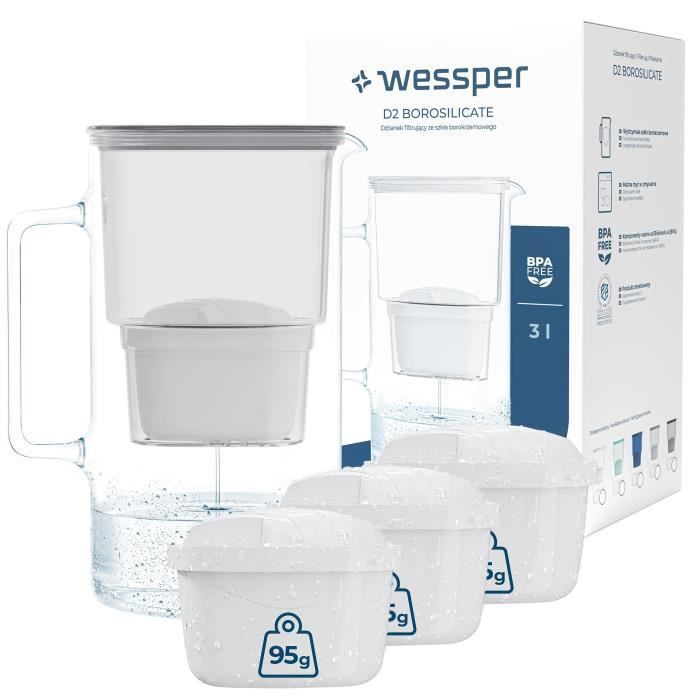 Wessper AquaMax Crystalline2,5L carafe filtrante en verre + 4 filtres