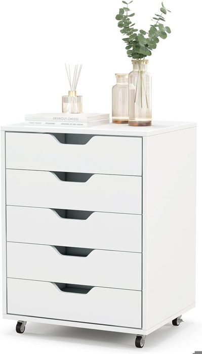 GIANTEX Caisson de Bureau 5 Tiroirs à Roulettes- Commode Meuble de Rangement- Support dImprimante- 495 x 42 x 67cm- Blanc