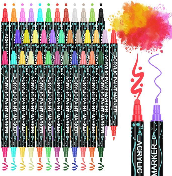 Guangna Lot de 12 marqueurs de peinture acrylique à double pointe avec