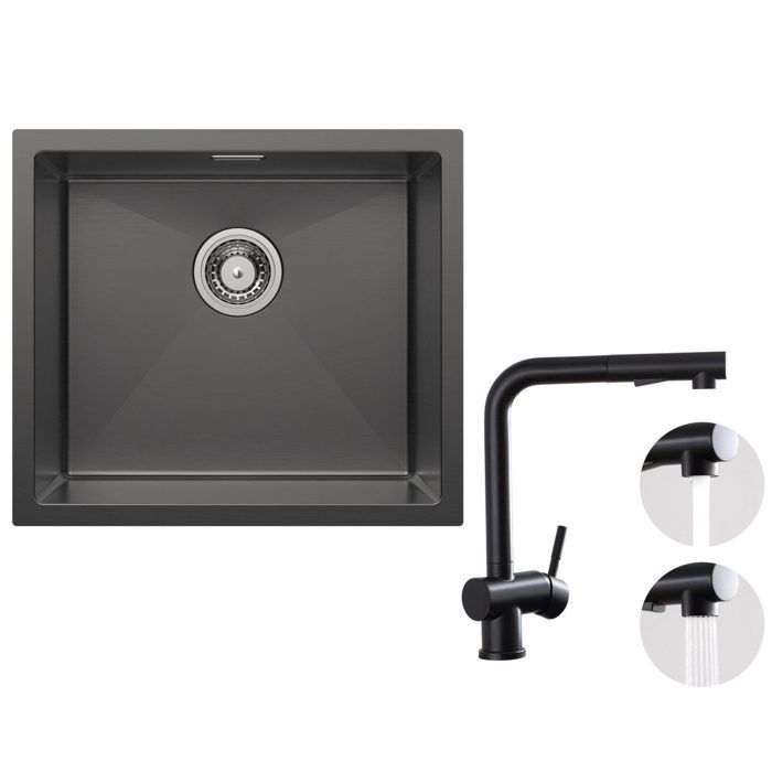 Evier cuisine à encastrer 1 bac 50×44CM inox Noir anthracitemitigeur de cuisine extractible avec 2 Fonctions douchette