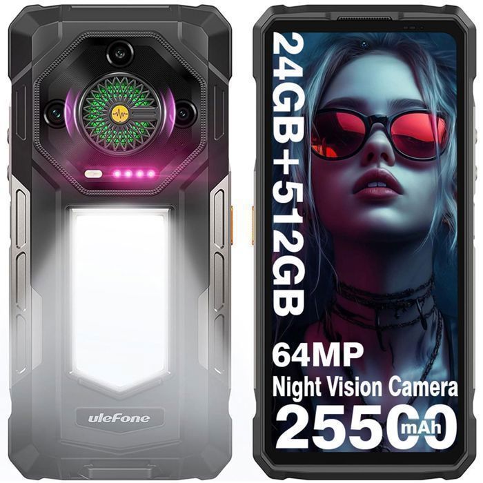 Telephone Portable Incassable Ulefone Armor 33 24Go+512Go 695 FHD+ 25500mAh Smartphone Android 15 Dural SIM/64MP/NFC/1100LM Noir