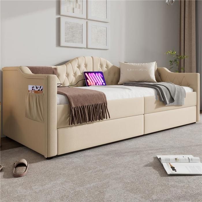 Canapé Lit 2 Place 90/180x200, Lit Double Rembourré Extensible 2 En 1