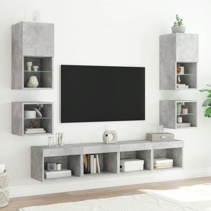 2pcs Armoires TV murales/Meubles TV muraux - GKK - et lumières LED - gris béton 30x28 5x30 cm @1230
