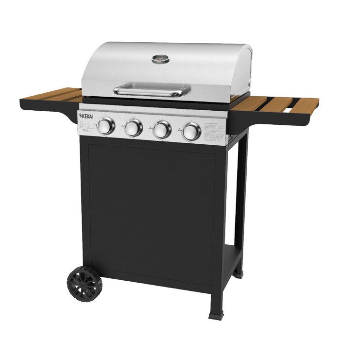 Barbecue à Gaz Portable Kekai Fort Peck 1185x575x1045 cm de 12 kW avec 4 Brûleurs Thermomètre Tables Latérales et Roulettes