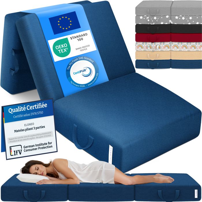 ELONEO Matelas Pliant 3 Parties Mousse Épaisse 15 cm Lavable Pour Adulte 90x200x15 cm bleu