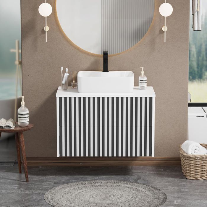 GOOBUY Meuble Salle de Bain Meuble Suspendu 81cm avec Vasque à Poser Lavabo en Céramique Motif de Ligne 81 x 46 x 52 cm Blanc