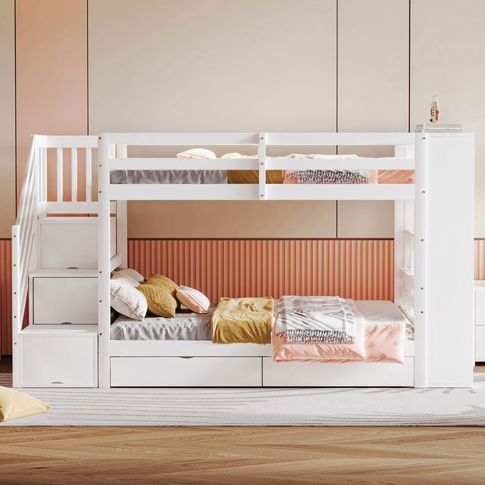 Lit superposé enfant - AUTREMENT - 90x200 cm - Blanc - 2 tiroirs - Escalier de sécurité