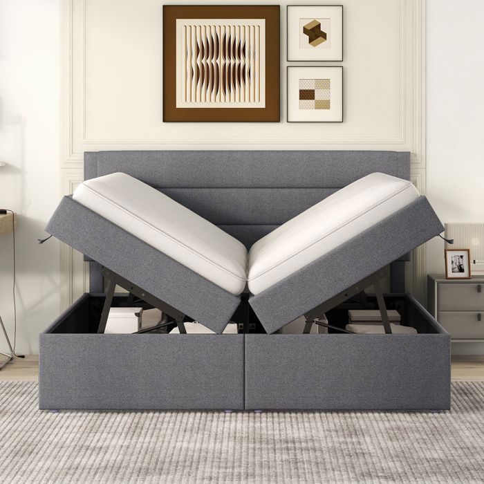 O.Ye Lit rembourré 200 x 140 cm avec cadre métallique double et grand espace de rangement ouvert des deux côtés.