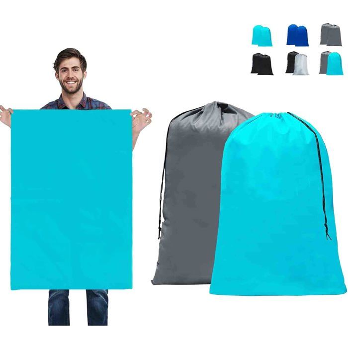 2 grands sacs à linge - 90 x 60 cm - Sacs à linge de voyage pliables - avec cordon de serrage - Gris et bleu