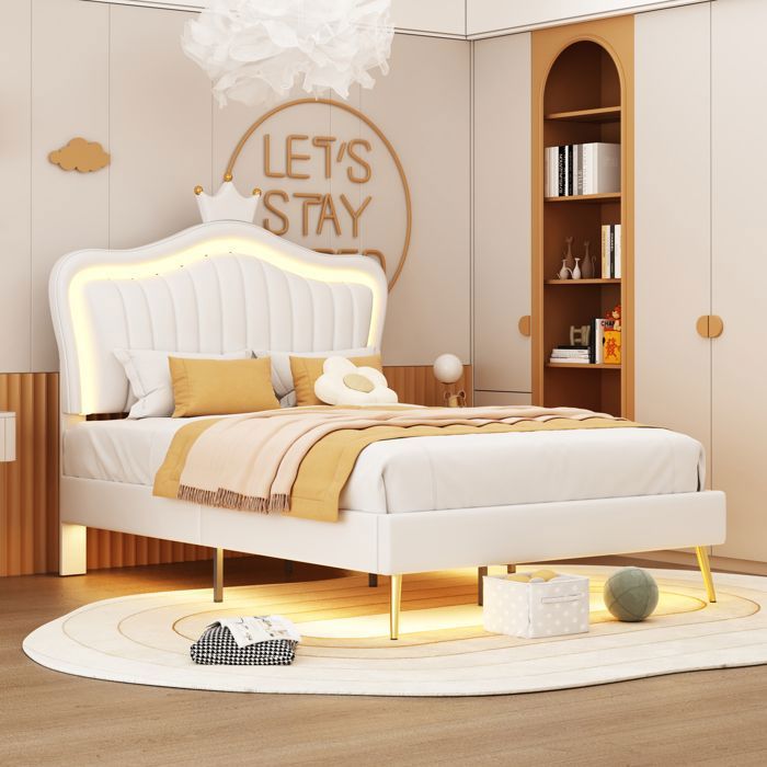 Lit coussiné pour bébé 90 x 200 cm cadre de lit double couronne blanche en cuir PU avec lumières LED treillis et dossier