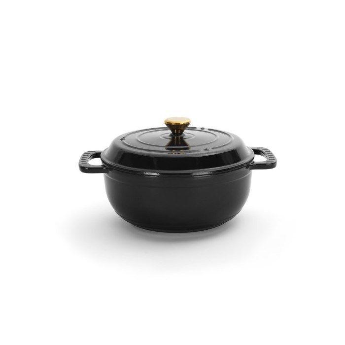 Cocotte - ALIGHTUP - En fonte acier émaillé - Contient deux gants en silicone - Ronde - Noir - 26cm