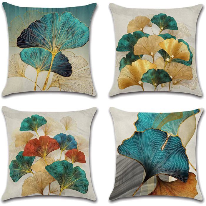 Taies coussin 40x40 cm ginkgo doré feuille bleu canard lot de 4 lin déco scandinave canapé chaise lit tendance naturelle élégante