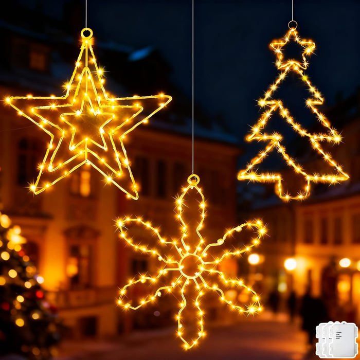 Décoration Lumineuse Noël 3 Pièces (étoile, Sapin, Flocon) - À Piles Avec Minuterie - Étanche IP65 - Pour Intérieur Et Extérieur