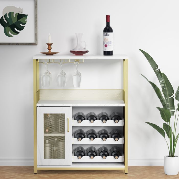 Meuble bar industriel avec rangements amovibles buffet/vaisselier rétro avec portes grillagées 69×35×92cm doré