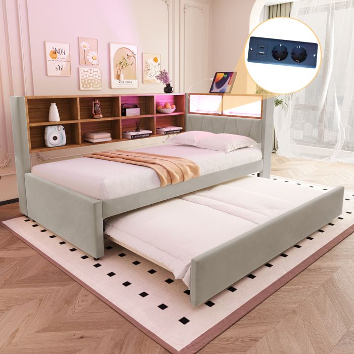 Lit avec rangement 90x200 cm en flanelle gris clair avec lit gigogne 90x190 cm LED et prises multifonctions – Style moderne