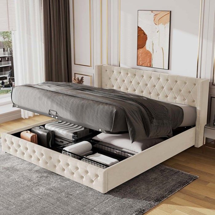 Lit coffre - Chesterfield Steel - Velours beige - 160 x 200 cm - Coffre de rangement