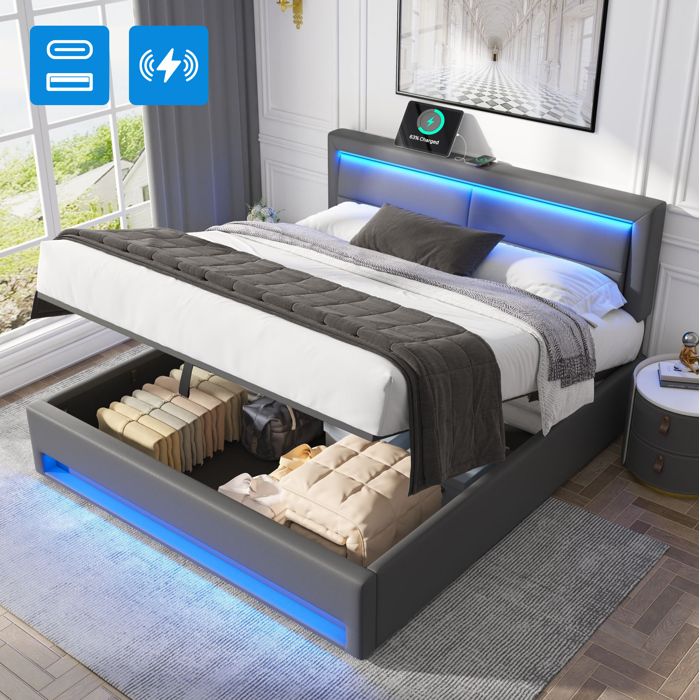 MODENUIT Lit coffre 160x200 cm lit double avec ports USB charge sans fil bande LED en PU gris (Sans matelas)