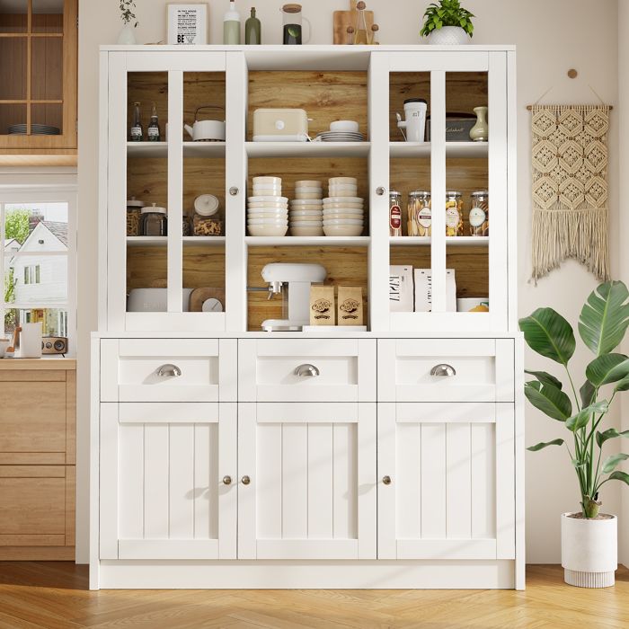 Armoire haute de salon 5 portes 3 tiroirs vitrine minimaliste moderne rangement à plusieurs niveaux 140×385×175cm blanche.