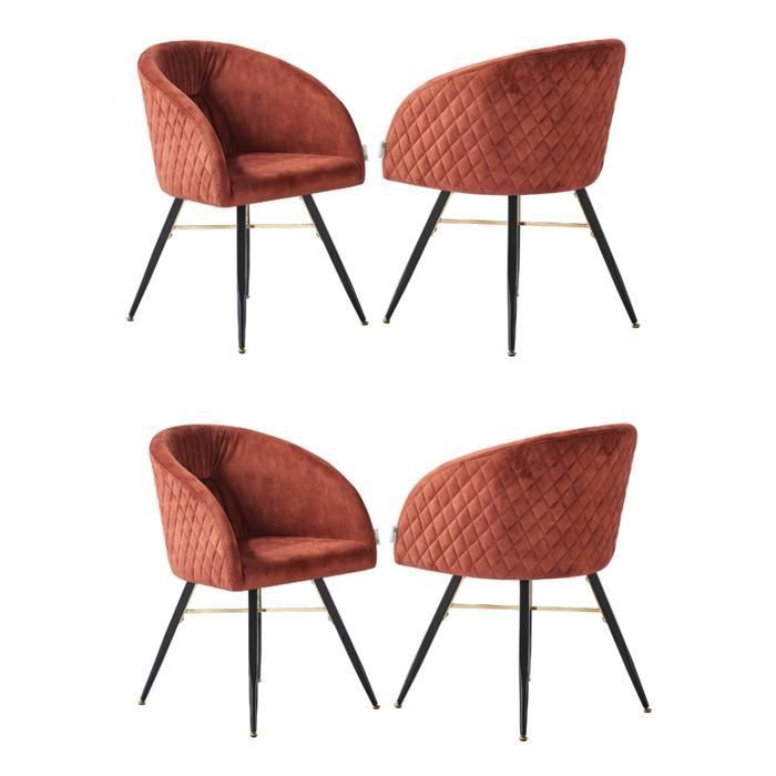 Lot de 4 chaises de salle à manger - Revêtement en velours couleur rouille - Pieds noirs et dorés - Style scandinave