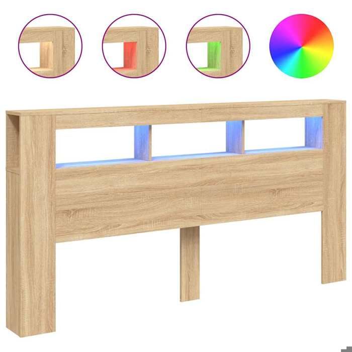 Promo 2026 Armoire de tête de lit pour Lit 2 personnes - Tête de lit à LED chêne sonoma 200x18 5x103 5cm bois ingénierie 1984022