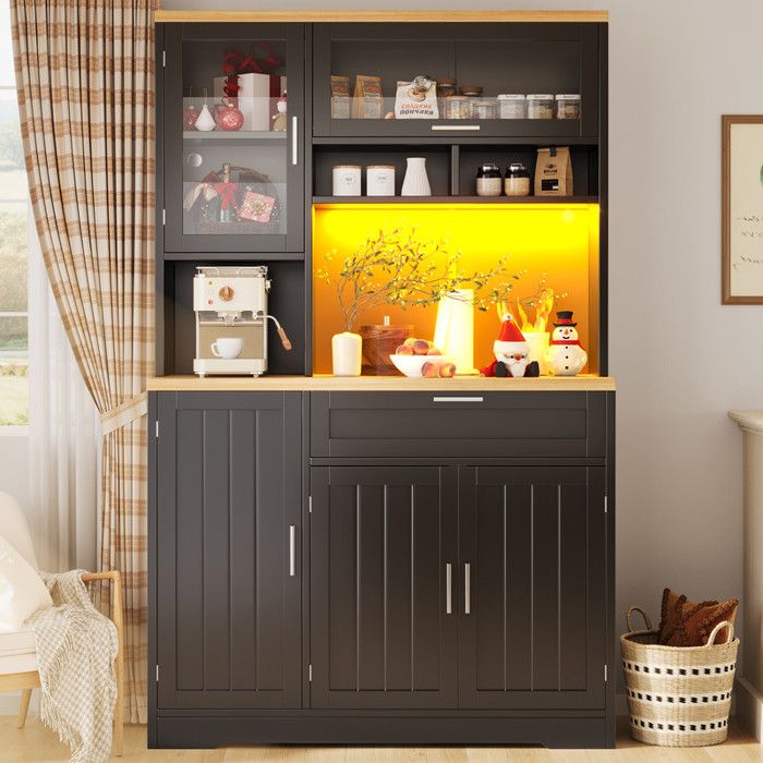 Armoire haute - 104x40x180 cm - Éclairage LED - Noir - MDF et Métal - Système anti-basculement