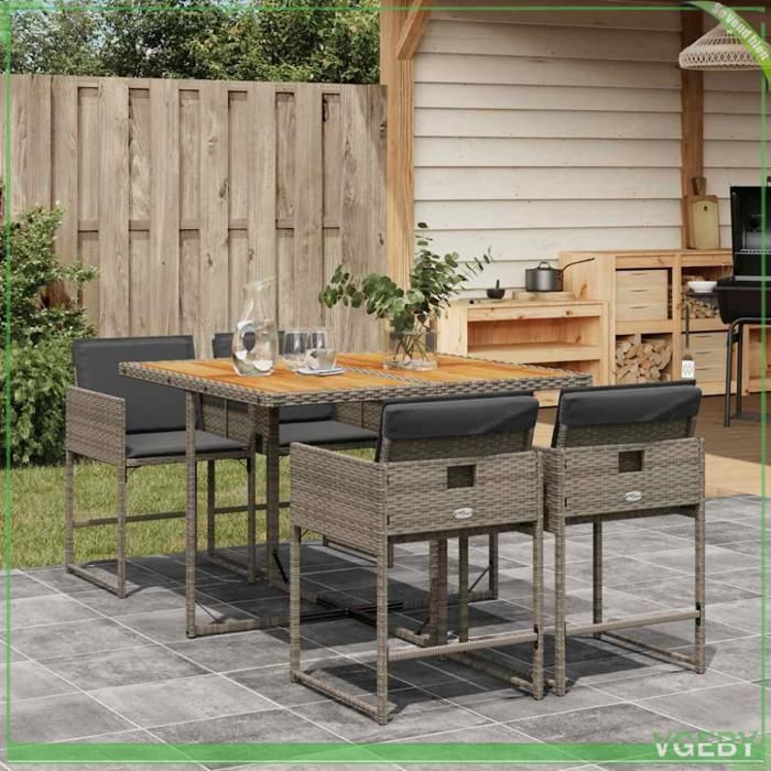Ensemble à manger de jardin - 7291712415722 - Résine tressée - Table acacia - 4 chaises gris