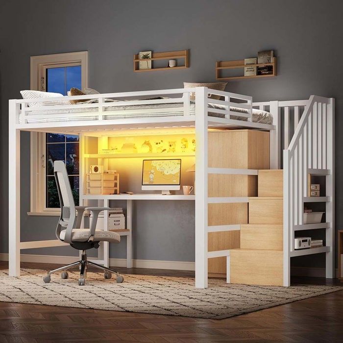 Lit mezzanine - 140 x 200 cm - bureau intégré - armoire avec tringle - escalier de rangement + LED