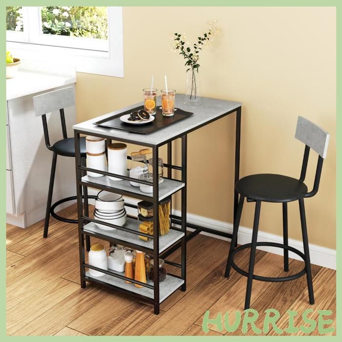 Cocosity Ensemble Table De Bar Avec 2 Tabourets Et Étagères De Rangement Pour Salle À Manger Cuisine Gris Et Noir