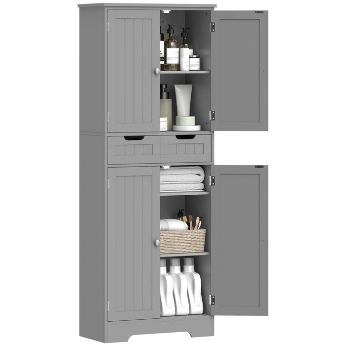 Armoire salle de bain colonne rangement tiroir bois gris