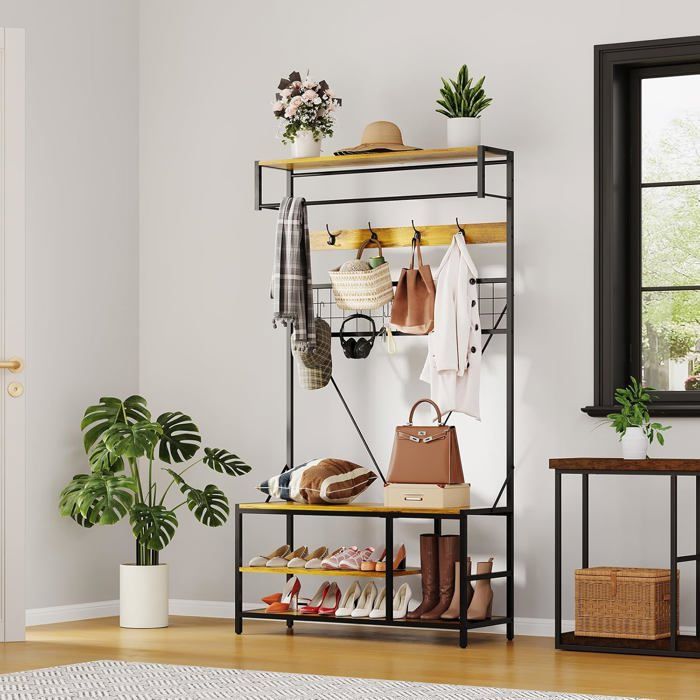 Porte-Manteau avec Banc à Chaussures Meuble dentrée avec Étagère Réglable 100x37x185 cm pour Entrée Couloir Chambre Jaune