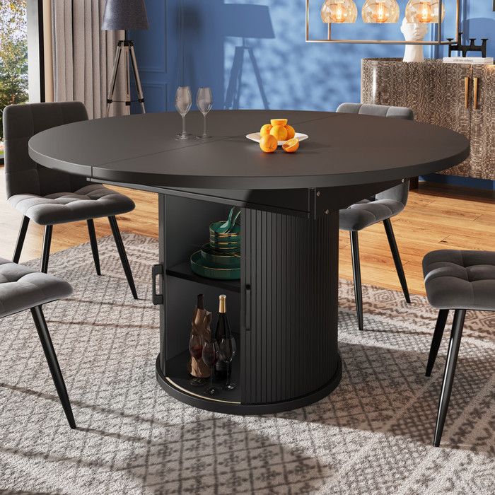 Table à manger extensible - Ronde à ovale - 118-158 cm - Noir - MDF - 6 personnes - Pieds réglables - Stockage intégré