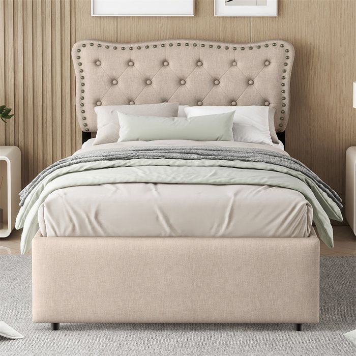 Lit plat- lit rembourré- 90x200cm- chevet rembourré avec rivets décoratifs- double tiroirs- lin + MDF- beige foncé- sans matelas Lit plat- lit rembourré- 90x200cm- chevet rembourré avec rivets décoratifs- double tiroirs- lin + MDF- beige foncé- sans matelas