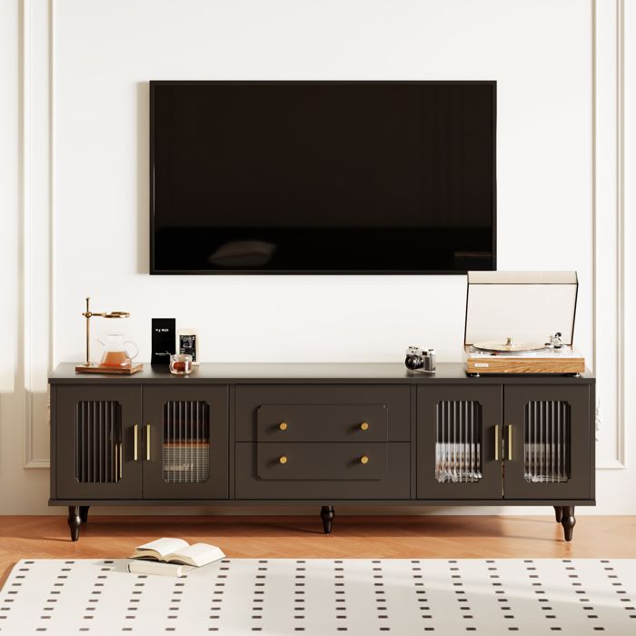 Meuble TV de style rétro avec poignées dorées meuble TV bas de rangement doté de portes vitrées et de pieds en bois massif