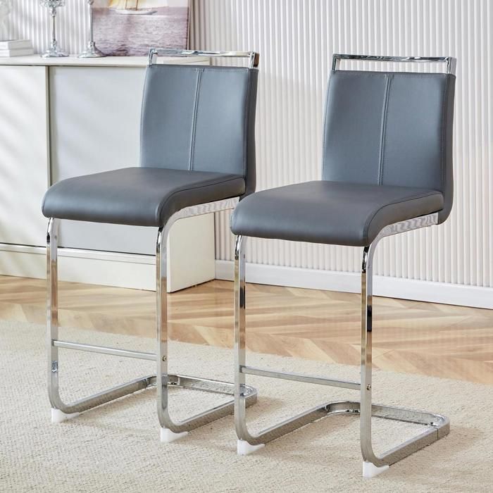 Lot de 2 tabourets de bar modernes en PU style nordique avec dossier et repose-pieds pieds métal 38.9x46.5x96.5cm gris Lot de 2 tabourets de bar modernes en PU style nordique avec dossier et repose-pieds pieds métal 38.9x46.5x96.5cm gris