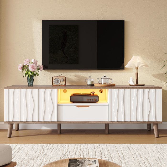 Meuble TV LED bas 160x40x52cm Meuble de rangement moderne avec 2 portes coulissantes pour télé 70 pouces - blanc + Noyer foncé