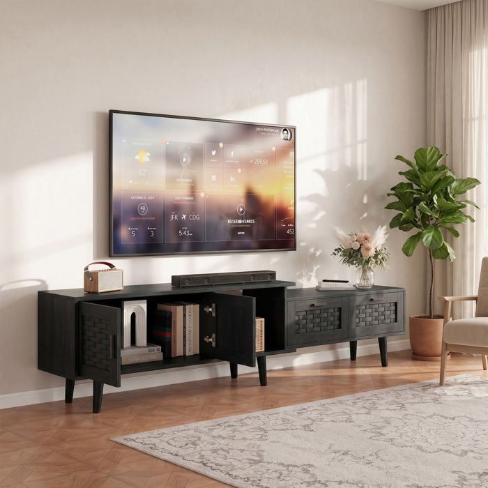 Meuble TV - Meuble télé extensible - 2 tiroirs & 2 portes - 146–180 cm - Bois & PVC imitation rotin
