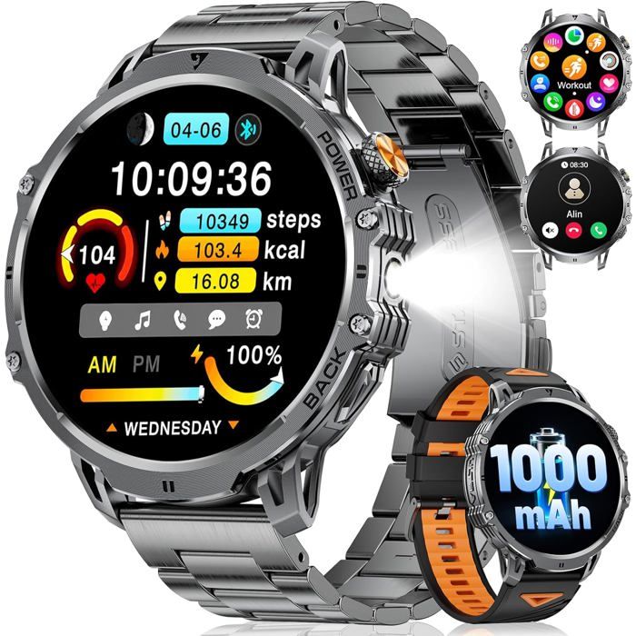 Montre Connectée Homme Avec 1000Mah 1.85 Smartwatch Avec Appel Bluetooth 100+ Modes Sportifs/Led Lampe Ip68 Étanche Fréquence Ca